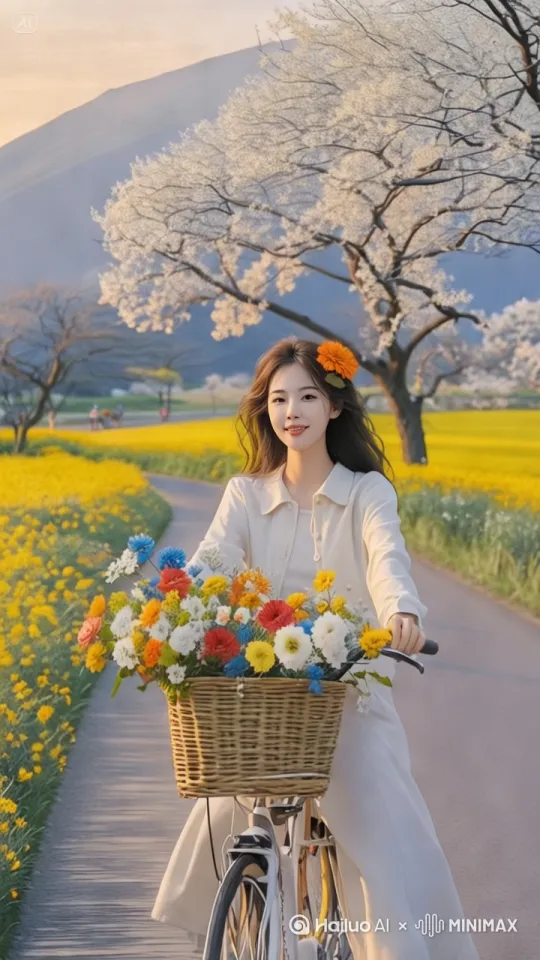 美女骑行在乡间小路上，[左移,跟随] by Hailuo AI Video Generator