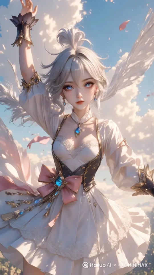 蓝天白云下，花瓣纷飞。浅白发丝、蓝眸少女身着蕾丝宝石裙，背生白翼，轻唱眨眼，扬手旋转，裙摆飞扬，尽显唯美灵动。 by Hailuo AI Video Generator
