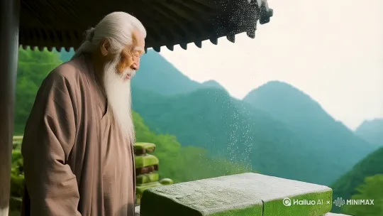 世人问长生，我说屋檐雨打青石，便是答案。炼丹炼的不是丹，是化执念为通透。别追流云，风停山自现，且把月光揣怀里，慢慢悟。 by Hailuo AI Video Generator