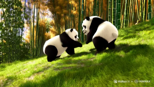 帮我生成两只熊猫小崽在嬉戏，画面明丽 by Hailuo AI Video Generator