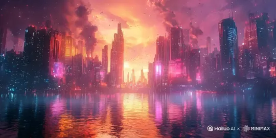 一个宁静的湖泊，阳光洒在湖面上，水中倒映着全息投影，背景是赛博朋克风格的城市，霓虹灯闪烁。镜头从湖面缓慢推近至水中的全息投影，画面充满未来感和科技感，色彩鲜艳，光影对比强烈，氛围梦幻而神秘。运镜流畅，镜头速度适中，5 秒，8k分辨率，30fps，赛博朋克风格，电影感十足 by Hailuo AI Video Generator