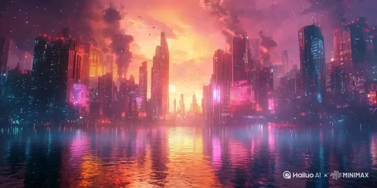 宁静的湖面在阳光下泛着微光,赛博朋克风格的城市霓虹倒映其中。水面上漂浮着数据流构成的全息投影,高耸的建筑群在天际线闪烁着蓝紫色光晕。摄像机缓缓推进时,霓虹灯管在湖面划出流动的光轨。充满未来感的无人机俯拍视角,强烈对比的冷色光源与暖色投影交织,数字粒子在空气中缓慢漂浮。高分辨率画面中,赛博朋克美学的渐变光效与水面波纹相互辉映。 by Hailuo AI Video Generator
