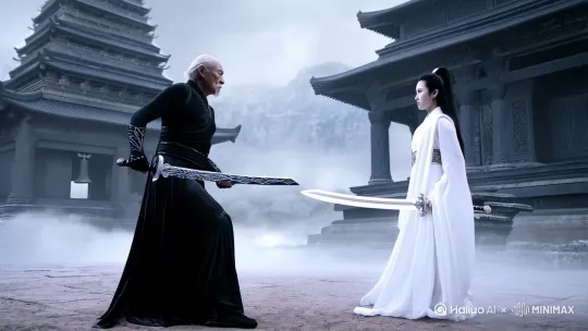 帮我生成一个视频：在云雾缭绕的山间古刹前，黑衣老者身姿矫健，身着玄色劲装，手持一柄古朴长剑，剑刃寒光闪烁。对面的白衣女侠，衣袂飘飘，面容冷峻，手中宝剑洁白如雪，散发凛冽剑气。两人对峙片刻，随即展开激烈拼斗，黑衣老者剑招刚猛凌厉，每一剑都带着开山裂石之力，白衣女侠身形灵动，剑招变幻莫测，如行云流水般化解攻势并伺机反击。只见剑光闪烁，剑气纵横，双方你来我往，招式精彩纷呈。古刹钟声在背景中隐隐回荡，增添紧张氛围。专业的构图，达芬奇大师级调色。比例 1:1。[左移,右摇,拉远] by Hailuo AI Video Generator