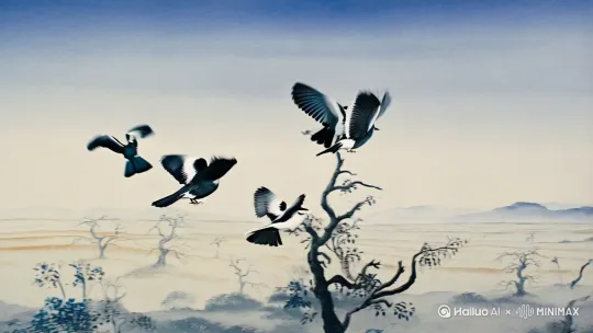 中式水墨画风格，几只黑白相间的鸟儿于枝头或振翅欲飞，或在空中翱翔。背景是朦胧的田野、错落的树木，色调淡雅，营造出空灵、自然的意境。
  传统水墨笔触勾勒，描绘飞鸟在林间的灵动瞬间。黑白色调的鸟儿于枯树枝间穿梭，远景是广袤田野与模糊山峦，尽显中式写意画的清幽与生机。 by Hailuo AI Video Generator
