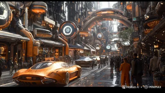 未来都市的玻璃幕墙建筑群在霓虹灯下闪耀，流线型飞行汽车在高空轨道间快速穿行。地面磁悬浮车辆沿着发光道路缓慢行驶，全息投影广告牌在楼宇间变换色彩。摄像机以低角度快速平移时捕捉到冷色调的霓虹光晕，俯冲视角展现建筑立面的渐变光效。交通灯光的暖黄色调与楼体蓝紫冷光形成强烈对比，动态模糊效果突显速度感。 by Hailuo AI Video Generator