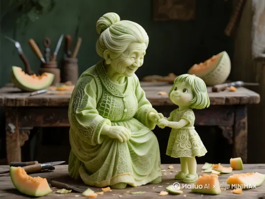 以俯拍镜头展示放在木质桌子上的哈密瓜雕刻作品，奶奶与小孙女的形象完整呈现，周围有一些雕刻工具和哈密瓜碎屑。接着镜头慢慢拉近，聚焦到奶奶和小孙女的面部表情，捕捉她们慈祥与天真的神态。 by Hailuo AI Video Generator