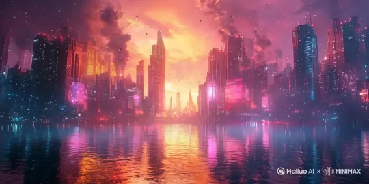 画面开始是一个宁静的湖泊,阳光洒在湖面上,波光粼粼,水中倒映着全息投影,投影内容是一个未来城市的轮廓,霓虹灯闪烁,科技感十足。背景是赛博朋克风格的城市,高楼林立,霓虹灯和全息广告牌交相辉映。镜头从湖面缓慢推近至水中的全息投影,投影逐渐清晰,细节丰富,光影对比强烈,色彩鲜艳,氛围梦幻而神秘。运镜流畅,镜头速度适中,5 秒,8k分辨率,30fps,赛博朋克风格,电影感十足,超现实效果 by Hailuo AI Video Generator