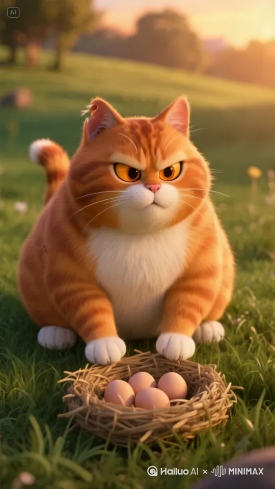 *0-1秒**:Extremely fat orange tabby cat (white chest/paws, torn ear) stands upright on grass, staring at 5 eggs in straw nest with wide amber eyes, drooling.
> **1-2秒**:Close-up of its front paws GRABBING and HUGGING ALL EGGS tightly against belly, eggs visibly squished into fur.
> **2-5秒**:It immediately TURNS and RUNS AWAY ON TWO LEGS while CLEARLY HOLDING EGGS, belly jiggling violently, paws clutching eggs the ENTIRE TIME. Dust flies behind it, speed lines show motion. Sunset background.
> **重点**:NO FRAME WITHOUT EGGS IN PAWS. Pixar style, 8K detail, motion blur on running." by Hailuo AI Video Generator