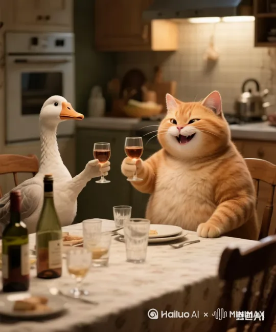 帮我生成一个视频：分镜头4：胖橘猫请鹅喝酒
**AI绘图提示词**：  
拟人化的胖橘猫拿着酒杯，坐在餐桌旁，桌上摆着酒瓶和酒杯，一只拟人化的鹅拿着酒杯坐在对面，一起干杯，拟人化的鹅喝了酒就晕倒在地上了，胖橘猫捂着嘴偷笑。比例 3:4。 by Hailuo AI Video Generator