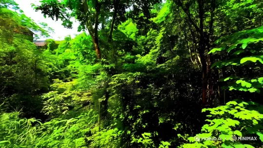 [推进]树林，[推进,上升]冲出森林，远处一头大水牛在吃草，[下摇,推进]俯视大片稻田 by Hailuo AI Video Generator