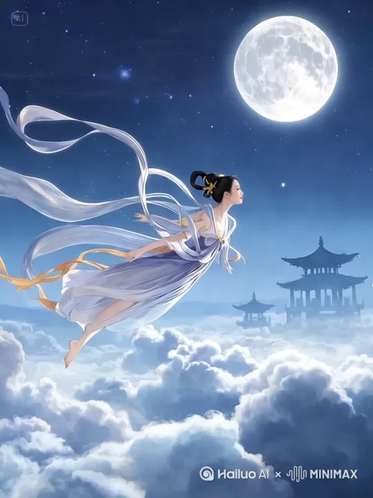 嫦娥从画面外飞进来[右移,左摇,跟随] by Hailuo AI Video Generator