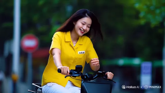 高颜值美团女骑手，[推出,上升,下摇]穿黄色美团外卖服，[左移,右摇,跟随]骑电车送外卖，擦汗，疲惫的脸上漏出清澈微笑，衣服干净但陈旧，定格表情，毛发可见的肌肤，面部特写，精细刻画，[左摇,变焦推进]营造生活虽苦但积极向上，大面积留白，极简，写真，写真风格，电影质感。 by Hailuo AI Video Generator