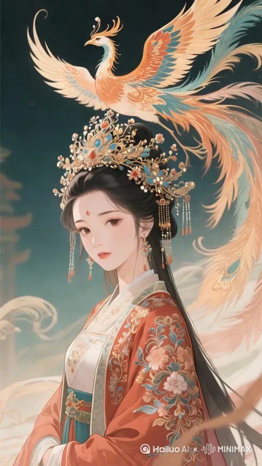 凤凰飞舞起来，女子看凤凰飞舞，女子扭头对镜头微笑，女子娇羞的低下头。 by Hailuo AI Video Generator