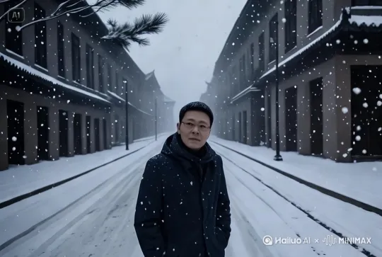 雪纷纷扬扬的下，落在了人物角色的身上，随着镜头拉远[拉远]，人物角色在思索片刻之后，转身离开，走的每一步都在雪地路面上踩出脚印[推进,上升] by Hailuo AI Video Generator