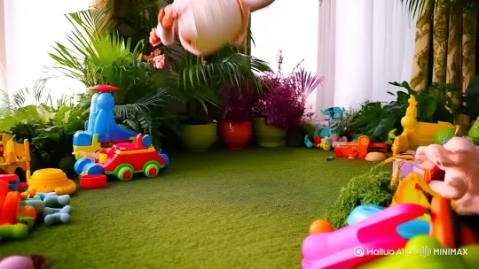 萌娃跌座在地，猫咪帮捡玩具生成视频 by Hailuo AI Video Generator