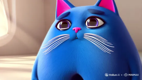 3D动画风格，画面主体是一只蓝色的小胖猫，耳朵内侧为粉色，体型圆滚滚，有着白色的胡须和粉色的鼻子，眉毛粗粗的。在流着眼泪。表情都是不甘心 by Hailuo AI Video Generator