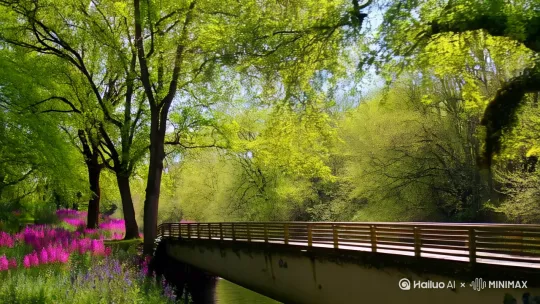 桥边，河畔，绿树成荫，鲜花朵朵，春光明媚。[跟随,推进,左移] by Hailuo AI Video Generator