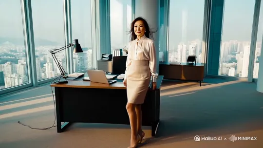 60岁中国女性，优雅职业气质，精致妆容，匀称修长美腿，自然身材曲线，真丝衬衫搭配高腰职业短裙，超薄透肉丝袜，简约高跟鞋。现代简约办公室场景，落地窗外城市景观，整洁办公桌摆放笔记本电脑和文件。超现实写实风格，8K超清画质，细腻皮肤纹理，丝袜透明质感，柔和自然光效，专业打光突出立体感，微风吹动发丝的细腻动态，保持得体优雅的职业氛围。视频时长3分钟 by Hailuo AI Video Generator
