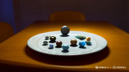 桌子上的盘子中有7颗珠子，镜头拉近，一道金光闪过，7颗珠子变成了宇宙天体，水晶火，木土，天王星，海王星，冥王星的7颗行星。 by Hailuo AI Video Generator