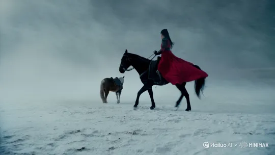 风雪连天，一人一马，一骑绝尘，女侠客的红色衣服翻飞，绝美[推出,上升,下摇] by Hailuo AI Video Generator