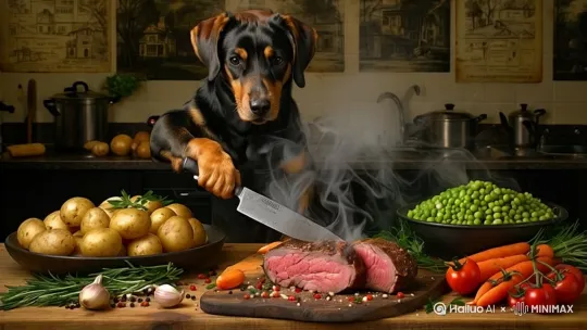 狗狗拿着刀正在切肉，动作要自然，特别是手里的刀，刀要切到肉里，肉也要很自然的裂开，它正准备做一顿丰富的晚餐。旁边还冒着热气。 by Hailuo AI Video Generator