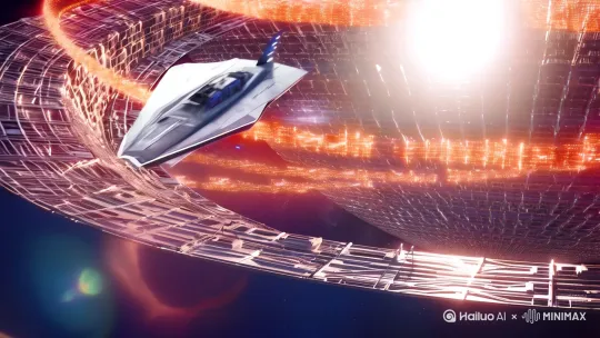分镜1: 一艘流线型银色宇宙飞船缓慢穿过庞大而复杂的戴森球结构。由纳米合金构成的几何体块环绕恒星运转，恒星释放的炽热光芒透过结构间隙投射在飞船表面，远景镜头中充满未来科技感的能量网在太空中闪烁。

分镜2: 宏伟的戴森球在深空背景下持续吸收恒星能量。镜头上方缓缓掠过数艘带有蓝色推进火焰的小型探测船，金属框架表面流动着能量回路的橙红色光纹，远处星空呈现深邃的靛蓝色调。 by Hailuo AI Video Generator
