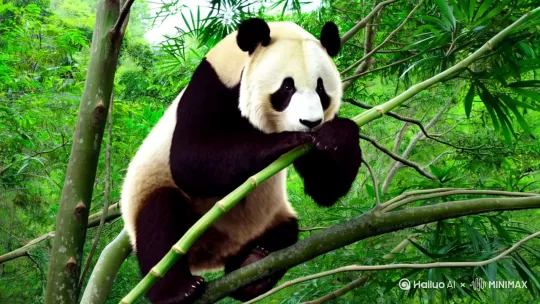一只熊猫在树枝上吃竹子[左移,晃动,拉远] by Hailuo AI Video Generator