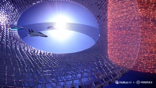 分镜1: 一艘流线型银色宇宙飞船缓慢穿过庞大而复杂的戴森球结构。由纳米合金构成的几何体块环绕恒星运转，恒星释放的炽热光芒透过结构间隙投射在飞船表面，远景镜头中充满未来科技感的能量网在太空中闪烁。

分镜2: 宏伟的戴森球在深空背景下持续吸收恒星能量。镜头上方缓缓掠过数艘带有蓝色推进火焰的小型探测船，金属框架表面流动着能量回路的橙红色光纹，远处星空呈现深邃的靛蓝色调。 by Hailuo AI Video Generator