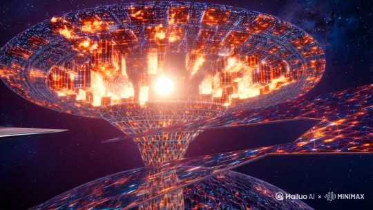 分镜1: 一艘流线型银色宇宙飞船缓慢穿过庞大而复杂的戴森球结构。由纳米合金构成的几何体块环绕恒星运转，恒星释放的炽热光芒透过结构间隙投射在飞船表面，远景镜头中充满未来科技感的能量网在太空中闪烁。

分镜2: 宏伟的戴森球在深空背景下持续吸收恒星能量。镜头上方缓缓掠过数艘带有蓝色推进火焰的小型探测船，金属框架表面流动着能量回路的橙红色光纹，远处星空呈现深邃的靛蓝色调。 by Hailuo AI Video Generator