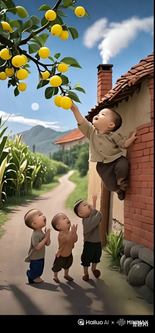 上面上面的小孩在往上面爬，摘果子，下面的小孩在鼓掌。面带微笑。 by Hailuo AI Video Generator
