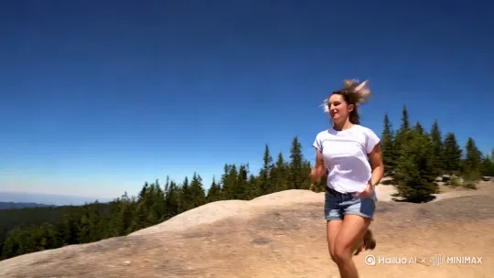 镜头随跃动的身影快速推进！画面里，她身着简约白T与牛仔短裤，在澄澈蓝天下奋力起跳，飞扬的发丝、舒展的双臂划破空气，每一个动作都写满肆意。镜头紧紧追随她腾跃的轨迹，从山脚茂密的松林，到远处巍峨的山峦，自然美景如流动的画卷般铺展。此刻，风在耳畔呼啸，天地间只剩这份无畏的热爱——跳跃不只是动作，更是对自由的呐喊，对辽阔山河最热烈的回应！ by Hailuo AI Video Generator