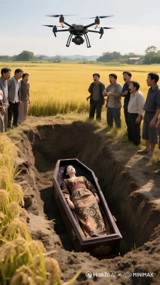 美女从棺材里坐起来，突然快速跳起，抓住了无人机，无人机飞起来，围观群众惊慌失措，表现形态各异 by Hailuo AI Video Generator