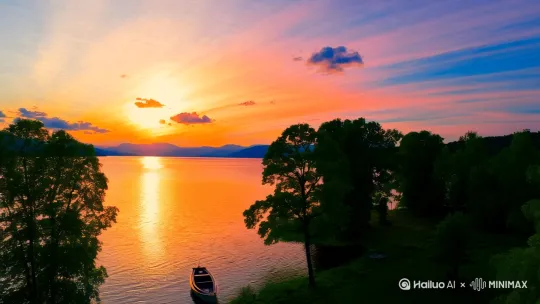 “A serene morning scene with a bright sun rising over a calm lake, casting warm, golden rays across the water. The sky is painted with soft hues of orange, pink, and blue, with a few fluffy clouds scattered around. In the foreground, there are lush green trees and a small boat moored by the shore.” by Hailuo AI Video Generator