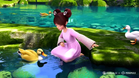 "超精细4D渲染，3D插画风格，统一比例Q版小女孩（双丫髻系铃铛发绳）蹲在青石江岸（石材有青苔生长程序化贴图），浅粉色齐胸襦裙（袖口镶珍珠边）下摆浸入水中产生湿材质效果。三只黄嘴白鸭（每只羽毛单独动力学模拟）在碧水中游动，水面采用实时流体模拟（波纹频率0.3Hz），可见水下鹅卵石折射变形。特别提示：左手伸向水面触发涟漪粒子特效，右手扶岸保持平衡。OC渲染器开启镜面反射（反射率0.7）和焦散效果，主光源为5500K色温的平行光"[左移,推进,右摇] by Hailuo AI Video Generator