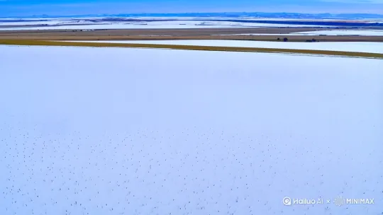 高空俯瞰镜头缓缓横移 冰雪覆盖的黑龙江平原飘起细密雪粒 切换至广东粉色花海随风起伏 镜头俯冲掠过黄土高原沟壑间舞动的红绸 最后环绕云南傣寨青瓦上蒸腾的烟火气 水墨动画风格呈现地域对比 加入灯笼剪纸等春节元素 by Hailuo AI Video Generator
