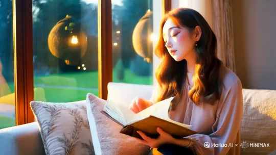 分镜7【暮色凝思】
框架构图：女孩坐在客厅（客厅的灯光很亮）的沙发上，手持日记本页脚微微卷起，庭院路灯渐次亮起在玻璃映出光晕，整个房间的暖调纵深空间。 by Hailuo AI Video Generator