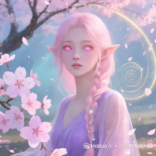 女孩脸上露出浅浅的微笑，头发随风飘动，女该头从侧面转到正面，花瓣满天飞舞，背景的星芒也在转动。[推出,上升,下摇] by Hailuo AI Video Generator