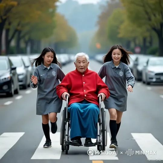 [两少女见老人过斑马线困难，跑过去帮助推轮椅过斑马线 by Hailuo AI Video Generator