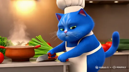【超清画质】3D卡通风格，一只圆润的蓝色短毛猫（chubby blue cat），穿着白色厨师围裙（chef apron），站在现代厨房料理台前，前爪握着菜刀切胡萝卜（chopping carrots），尾巴卷着汤勺搅动热气腾腾的砂锅（steaming clay pot），背景有青葱/西红柿等食材，温馨暖光，绒毛细节清晰，Blender渲染，皮克斯动画风格，景深效果，8k分辨率 --ar 16:9 by Hailuo AI Video Generator