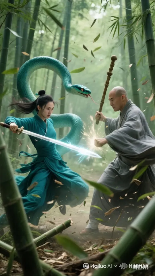 镜头移动，动态跟随。一名女子和和尚在打斗，武术动作，一帧一帧动作丝滑流畅，表情自然，屋外闪电雷鸣。蛇在缓缓游动，伺机攻击和尚，要求不模糊，动作自然流畅，丝滑，二人五官不扭曲，不变形，不突兀，运镜合理，一镜到底。 by Hailuo AI Video Generator