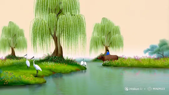展示了中国传统工笔画中的景观。小河边高大柳树和白鹭。河边有绿草和小花，一个骑着水牛的小孩从远处走来，用复杂而详细的插图描绘。（白色和奶油色的背景增加了一种宁静的感觉：1.3） by Hailuo AI Video Generator