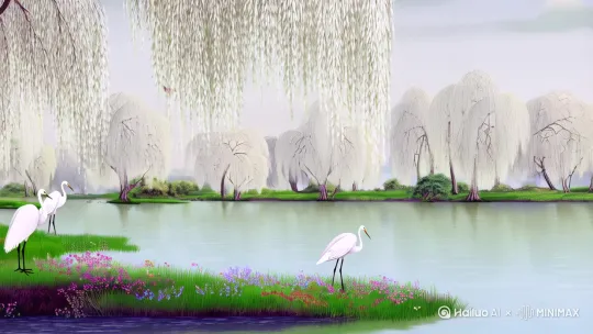 展示了中国传统工笔画中的景观。小河边高大柳树和白鹭。河边有绿草和小花，一个骑着水牛的小孩从远处走来，用复杂而详细的插图描绘。（白色和奶油色的背景增加了一种宁静的感觉：1.3） by Hailuo AI Video Generator