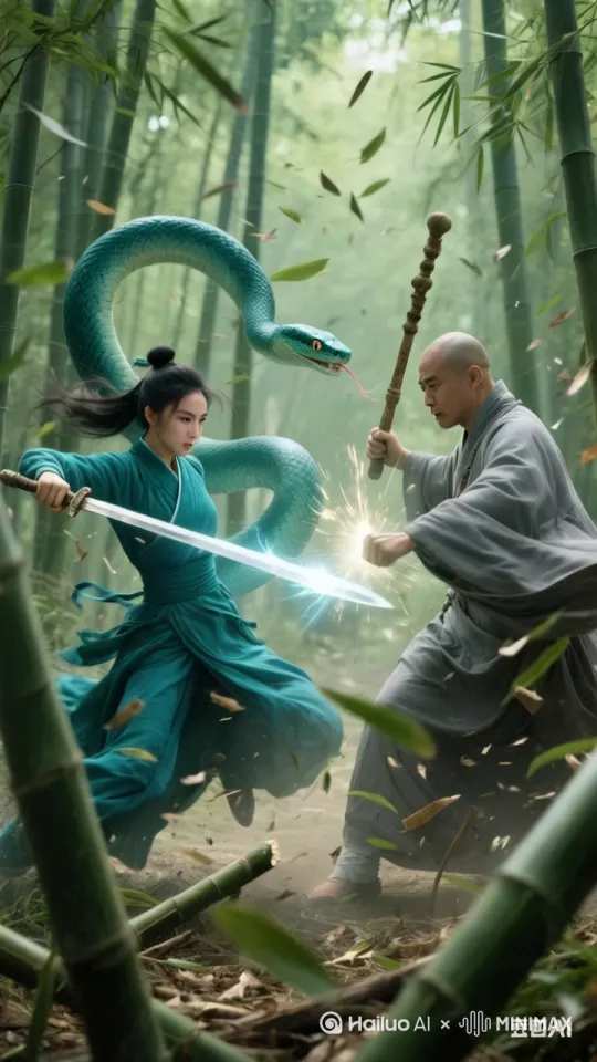 镜头移动，动态跟随。一名女子和和尚在打斗，武术动作，女子出剑刺向和尚，和尚挥杖打向女子，二人你来我往，剑杖碰撞出火花，一帧一帧动作丝滑流畅，表情自然，屋外闪电雷鸣。蛇在缓缓游动，伺机攻击和尚，要求不模糊，动作自然流畅，丝滑，二人五官不扭曲，不变形，不突兀，运镜合理，一镜到底。 by Hailuo AI Video Generator