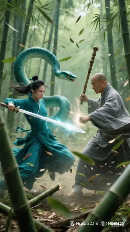 镜头移动，动态跟随。一名女子和和尚在打斗，武术动作，女子出剑刺向和尚，和尚挥杖打向女子，女子腾空跃起，烟雾缭绕，二人你来我往，剑杖碰撞出火花，一帧一帧动作丝滑流畅，表情自然，屋外闪电雷鸣。蛇在缓缓游动，伺机攻击和尚，要求不模糊，动作自然流畅，丝滑，二人五官不扭曲，不变形，不突兀，运镜合理，一镜到底。 by Hailuo AI Video Generator