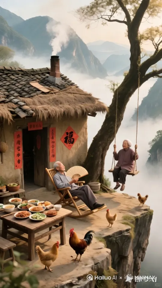 老太太荡着秋千，突然掉到脚下的悬崖下边去了，老头子突然站起来也跟着跳下去了，动作画面要清晰 by Hailuo AI Video Generator