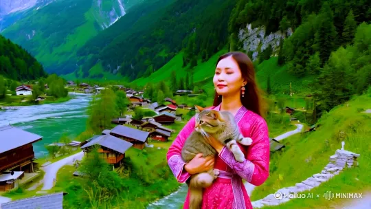 一美女与猫和山水河流。村落。 by Hailuo AI Video Generator