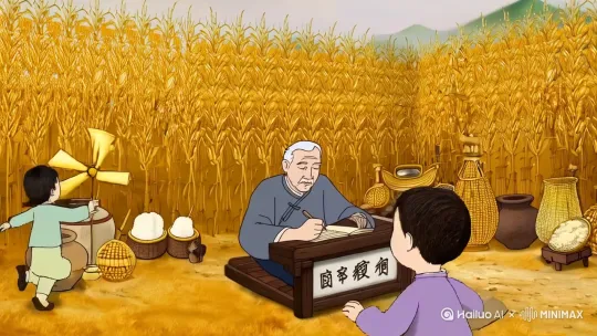 全景镜头：农家院秋收场景，老者执笔书写《玉黍谱》，孩童追逐持玉米秆风车，晾晒的玉米墙如金色屏风，远处青山含黛。
---

每个分镜融入：  
1. 水墨特有的留白与晕染技法  
2. 传统元素（竹编器具/粗陶/药笺/古籍）  
3. 玉米不同形态（鲜穗/粉末/须茶/编织物）  
4. 三代同堂的生活场景互动  
5. 通过道具暗示养生功效而不失画面雅致 by Hailuo AI Video Generator