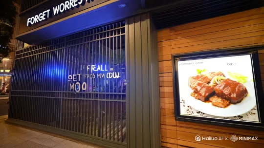 **忘忧屋卤菜凉菜餐饮店装修风格预案**  
**主题定位：简约中式·烟火气与精致感并存**  

---

### **一、整体风格设计原则**  
1. **核心关键词**：  
   - **简约实用**：减少复杂装饰，突出空间通透感和功能性。  
   - **烟火气+精致感**：通过原木、暖光、明档厨房传递市井温度，同时用细节设计（如绿植、摆件）提升品质感。  
   - **高效动线**：适配社区与工厂区快节奏用餐需求，缩短顾客点餐-取餐-用餐流程。  

---

### **二、空间分区与功能设计**  
#### **1. 门头与入口区**  
- **材质与配色**：  
  - 深灰色金属框架+原木色格栅，搭配发光字“忘忧屋”，夜间可增加卤菜灯箱海报（如酱牛肉、凉面特写）。  
- **吸睛点**：  
  - 入口侧设小型外带窗口，标注“套餐立取15元起”，吸引赶时间客群。  
  - 玻璃橱窗内动态展示当日卤菜（旋转展示台+暖光射灯）。  

#### **2. 用餐区**  
- **布局逻辑**：  
  - **社区店**：4人方桌为主（占比70%），搭配2张6人长桌（适配家庭客群）。  
  - **工厂店**：2-4人快餐桌（可拼接）+吧台高脚凳（单人快速用餐位），占比80%。  
- **细节设计**：  
  - **墙面**：浅灰色乳胶漆+局部原木色护墙板，悬挂手绘风格卤菜制作过程插画（如“卤汁熬制八小时”）。  
  - **桌面**：仿岩板纹理桌面（耐油污）+嵌入式调料格（放置辣油、醋瓶等，减少桌面杂乱）。  
  - **照明**：暖黄色吊灯（每桌独立光源）+轨道射灯（聚焦菜品）。  

#### **3. 明档厨房与自助取餐区**  
- **透明厨房**：  
  - 玻璃隔断+开放式卤菜操作台，展示卤锅、切配过程，增强卫生信任感。  
  - 顶部悬挂木质菜单牌，标注“当日现卤”“鲜榨果汁”等关键词。  
- **自助台设计**：  
  - 凉菜区：不锈钢保温餐台（分格陈列荤素菜品，配价格标签）。  
  - 饮品区：复古木柜+透明冷藏柜（啤酒、果汁按杯陈列，标注“第二杯半价”）。  
  - 主食区：电饭煲/面条机旁设置“米饭/面条免费续加”提示牌。  

#### **4. 吧台与收银区**  
- **功能整合**：  
  - 吧台兼具收银、酒水制作、外卖打包功能，减少人力成本。  
  - 台面设置小型显示屏，循环播放套餐组合推荐（如“22元经典拌面套餐”）。  
- **视觉亮点**：  
  - 背景墙采用老砖纹路贴纸，搭配黑板手写酒水价目表（如“青岛啤酒5元/杯”）。  
  - 吧台侧面嵌入卤味香料展示罐（八角、桂皮等），强化“古法卤制”概念。  

---

### **三、材质与色彩搭配**  
1. **主色调**：  
   - **原木色**（桌椅、格栅、装饰框）传递温暖感。  
   - **浅灰色**（墙面、地面）提升空间洁净度。  
2. **点缀色**：  
   - **墨绿色**（靠垫、绿植盆）增加复古氛围。  
   - **暖黄色**（灯光、菜单牌）刺激食欲。  
3. **材质选择**：  
   - 地面：仿水泥纹地砖（耐脏易清洁）。  
   - 墙面：乳胶漆+局部文化石/老砖贴片（成本可控）。  
   - 家具：实木贴皮餐桌椅（性价比高）+金属腿加固。  

---

### **四、软装与品牌文化植入**  
1. **软装元素**：  
   - **墙面装饰**：  
     - 定制木质标语牌（如“忘忧从一口卤味开始”“吃饱了，不想家”）。  
     - 老照片墙：展示本地社区历史或卤菜文化（增强社区店亲和力）。  
   - **桌面陈设**：  
     - 迷你卤味模型（如陶瓷小砂锅）+ 菜品推荐立牌。  
     - 纸巾盒印品牌LOGO和slogan（如“卤香不怕巷子深”）。  
2. **品牌符号强化**：  
   - 员工围裙、餐具包装均使用统一视觉（深灰+原木色系）。  
   - 外卖包装设计：牛皮纸盒+红色封口贴（印“忘忧屋·解忧卤味”）。  

---

### **五、灯光与氛围营造**  
1. **基础照明**：  
   - 轨道射灯（4000K中性光）覆盖全店，确保菜品展示清晰。  
2. **氛围灯光**：  
   - 每桌悬挂暖光吊灯（2700K色温），桌面上方照度150-200lx。  
   - 明档厨房内使用高亮度LED灯带（突出食材新鲜度）。  
3. **重点照明**：  
   - 自助取餐区顶部设置聚光灯，引导顾客视线。  

---

### by Hailuo AI Video Generator
