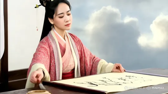 使用AI动画技术，以这幅古风画面为基础进行创作。画面中身着古装的女子保持姿态不变，毛笔与画卷位置固定。
 
重点展现毛笔书写过程，运用特效模拟张旭、怀素那豪放洒脱、连绵不绝且极具节奏感的狂草笔法。笔画如灵动蛟龙，在纸上蜿蜒游走，线条粗细变化强烈，起笔如疾风骤雨，收笔似惊蛇入草。书写时，墨汁在纸上晕染出独特韵味，呈现出浓淡、干湿的丰富变化。
 
背景天空的云朵可适当添加轻柔飘动效果，营造出飘逸空灵氛围，与狂草笔法的不羁相呼应。整体色调保持清新淡雅，突出古风古韵，同时添加轻柔的古典音乐作为背景音乐，增强文化艺术氛围。
 by Hailuo AI Video Generator