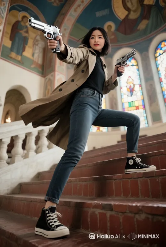 美女枪手瞄准射击，枪口喷射一条火光，转过身向楼下追击…[右移,左摇,跟随]+[右移,跟随]+[左移,上升] by Hailuo AI Video Generator